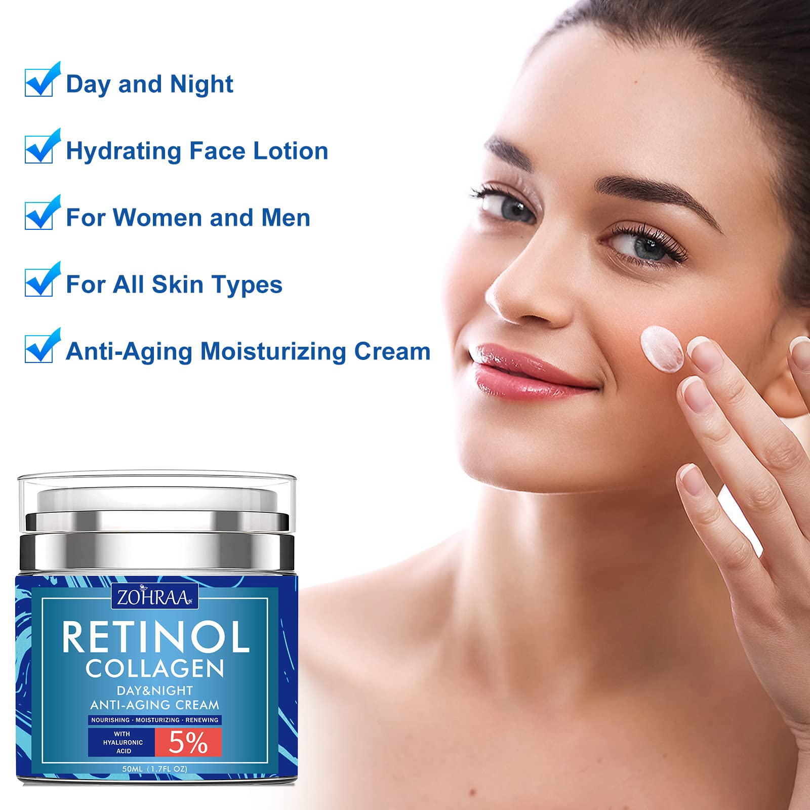 Retinol Cream for Face - Facial Moisturizer with Collagen and Hyaluronic Acid, Anti-Wrinkle Reduce Fine Lines Vitamin C+E Natural-Ingredient Day Night Anti-Aging For Women Men