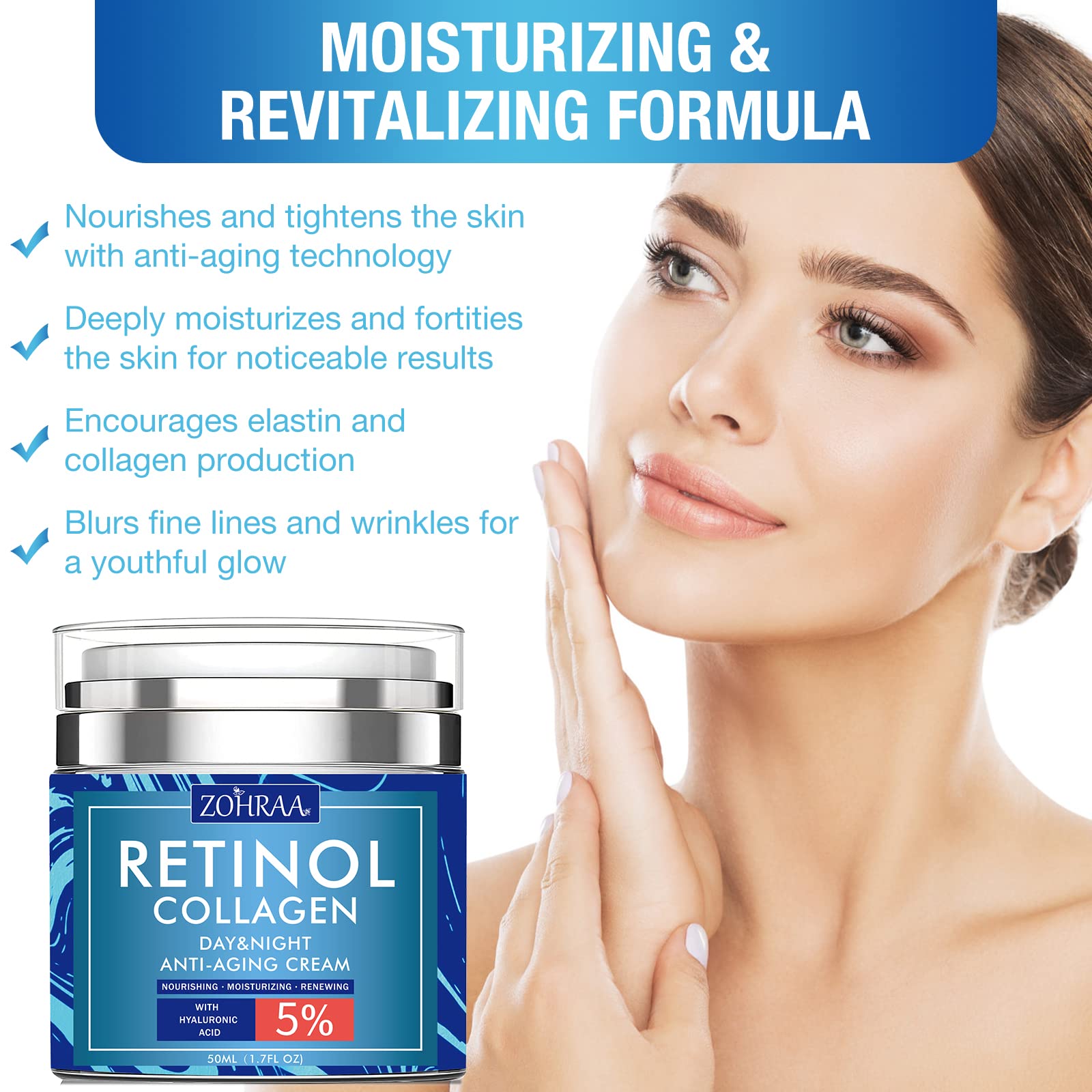 Retinol Cream for Face - Facial Moisturizer with Collagen and Hyaluronic Acid, Anti-Wrinkle Reduce Fine Lines Vitamin C+E Natural-Ingredient Day Night Anti-Aging For Women Men