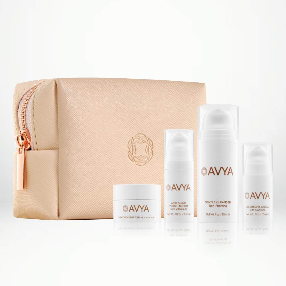 Avya Skincare Ayurvedic Weekend Travel Set | 4 Piece Skincare Travel Set | Gentle Cleanser, Eye Cream, Anti-Aging Serum, Night Cream