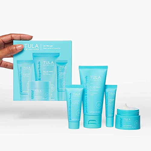 Tula Skin Care On the Go Best Sellers Travel Kit | Facial Cleanser, Day & Night Moisturizer, Sugar Scrub & Vitamin C Serum for Glowing, Radiant Skin, 1.0 Count