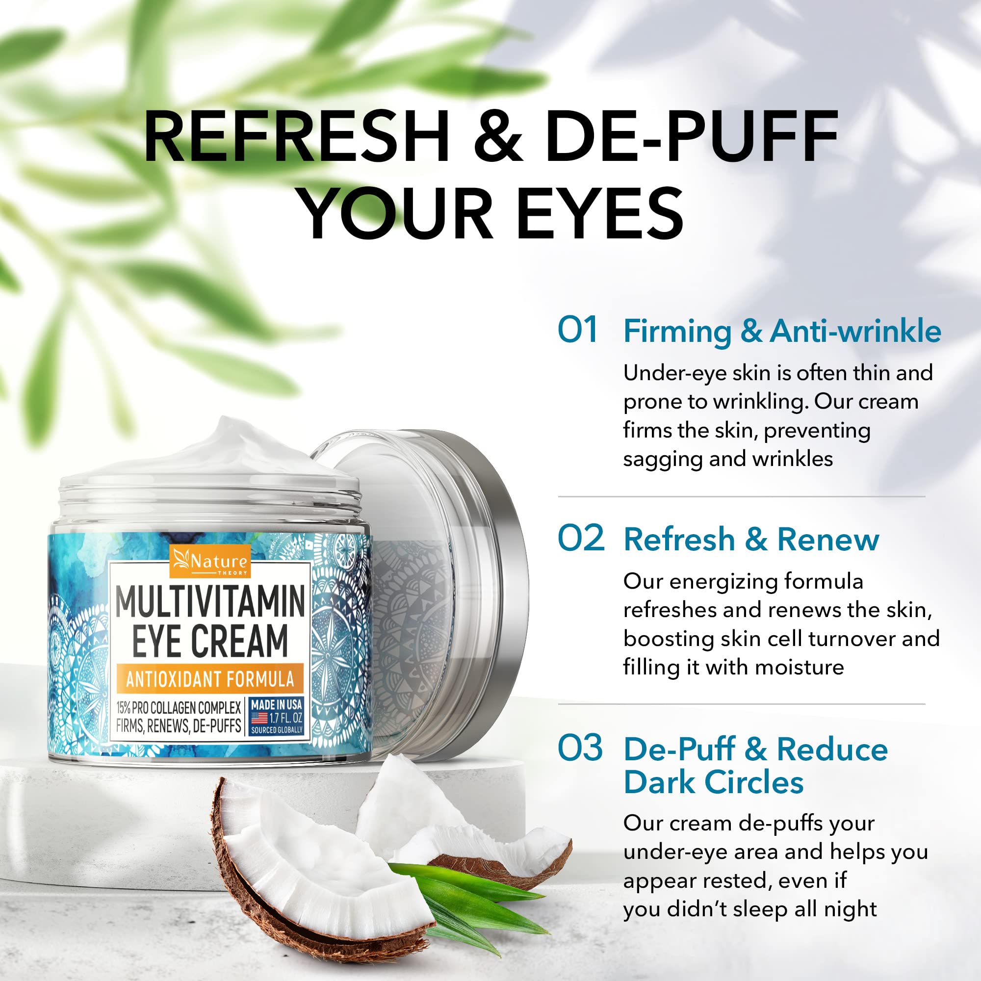 Eye Cream for Dark Circles and Puffiness - Retinol Eye Cream with Collagen & Hyalurnic Acid - Made in USA - Under Eye Cream Anti Aging - Eye Bags Treatment for Women - Under Eye Cream for Dark Circles