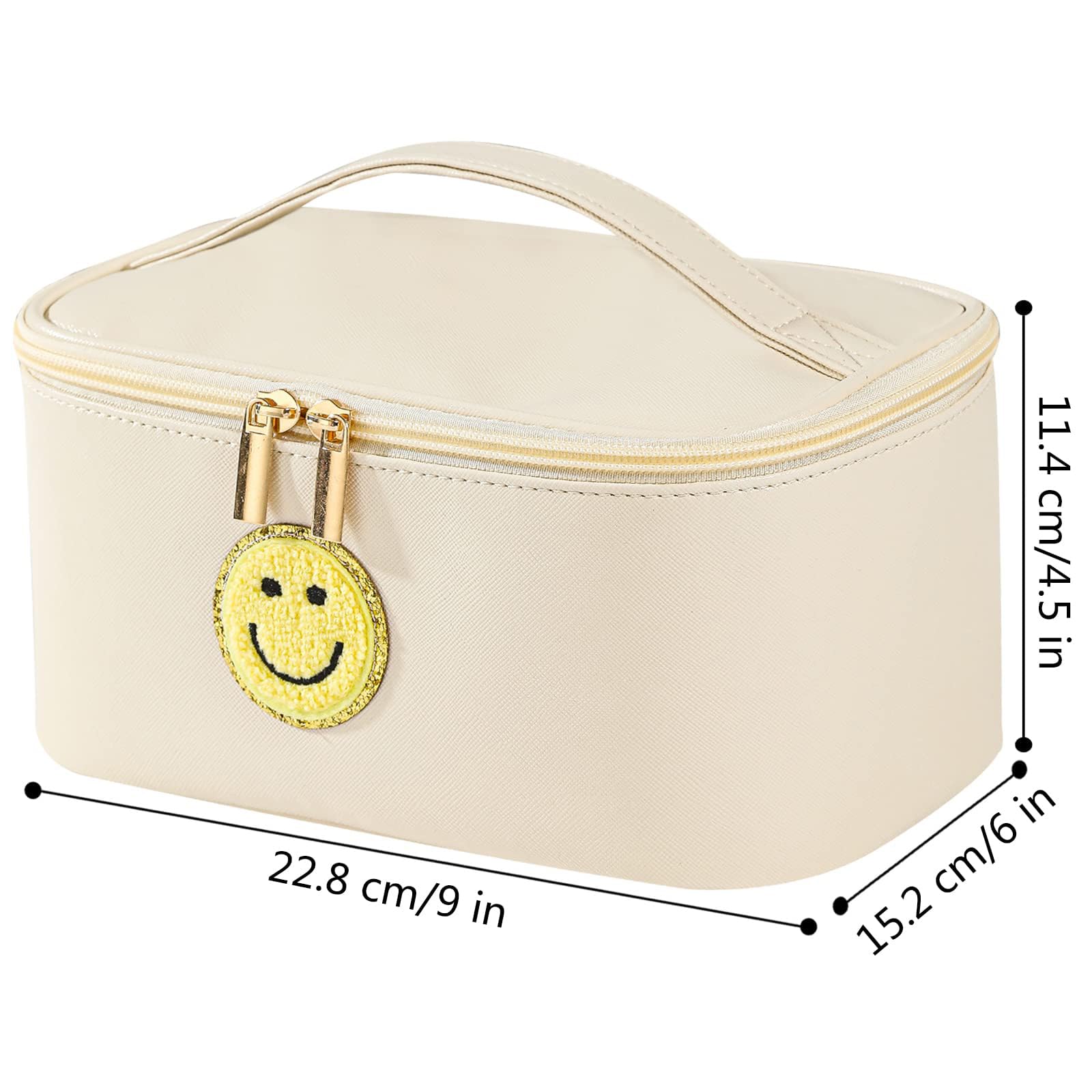 WALONER Preppy Patch Makeup Bag Leather Cosmetic Bag Large Makeup Pouch, Portable Waterproof Travel Toiletry Organizer,Toiletry Bag for Women Girls Gifts (White)