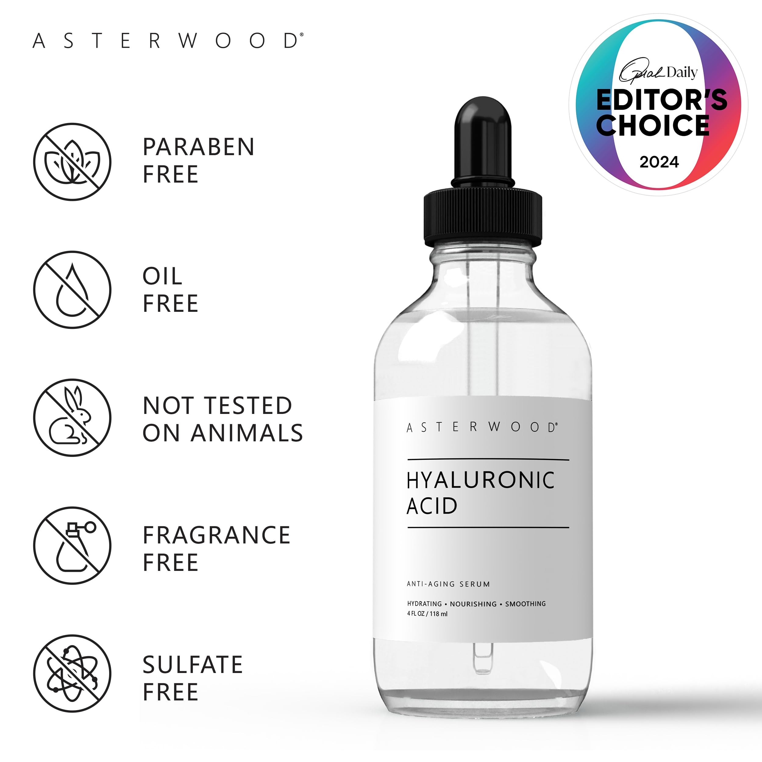 Asterwood Pure Hyaluronic Acid Serum for Face - Plumping, Anti-Aging & Hydrating - Fragrance-Free, Pairs Well with Vitamin C Face Serum & Hylunaric Acid Moisturizer, 118ml/4 oz