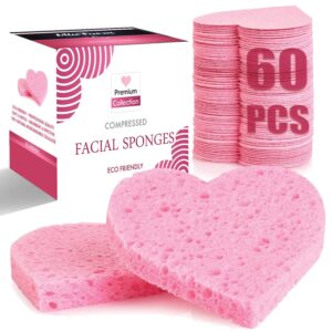 60-count compressed facial sponges, 100% natural cosmetic spa sponges for facial cleansing, exfoliating mask (pink heart)