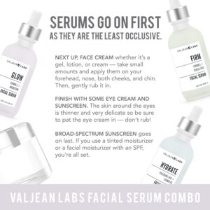 Valjean Labs Facial Serum, Combo Pack of Hydrate, Glow, and Firm | Supercharged, Targeted Skincare Ingredients | Paraben Free, Cruelty Free, Made in USA (1oz Bottles)