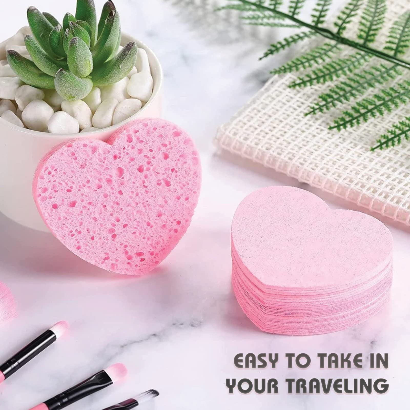 60-Count Compressed Facial Sponges, 100% Natural Cosmetic Spa Sponges for Facial Cleansing, Exfoliating Mask (Pink Heart)