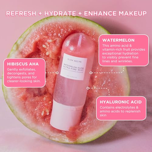 Glow Recipe Watermelon Glow Ultra-Fine Facial Mist Spray - Hyaluronic Acid Face Mist for Fresh + Glowing Skin - Hydrating Face Mist with Hibiscus AHA + Vitamin E - Watermelon Glow Face Spray (2.5 oz)
