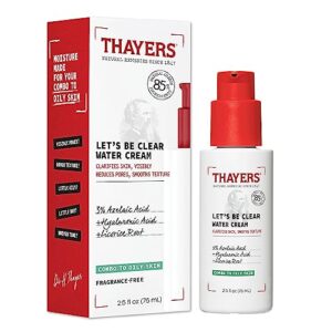 thayers let's be clear water face cream, moisturizer with azelaic acid and hyaluronic acid, skin care for combination to oily skin, 2.5 oz