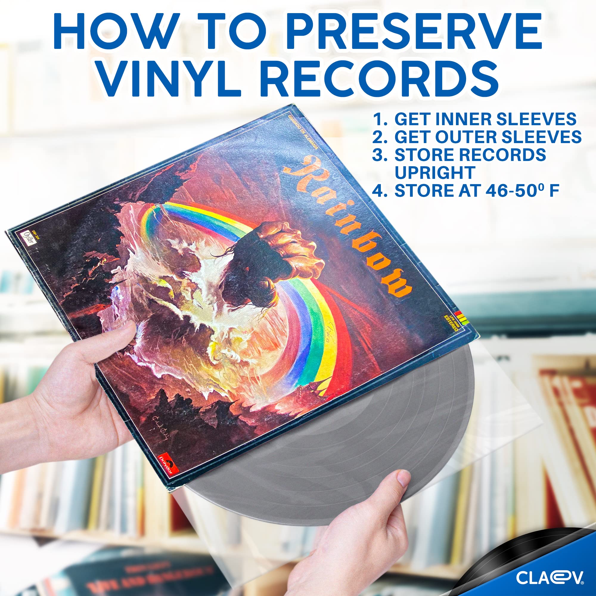 Claev 100 Anti Static Inner Record Sleeves for Vinyl LP Records (12 inch, Square, Translucent), Album Record Protective Plastic Covers for Storage