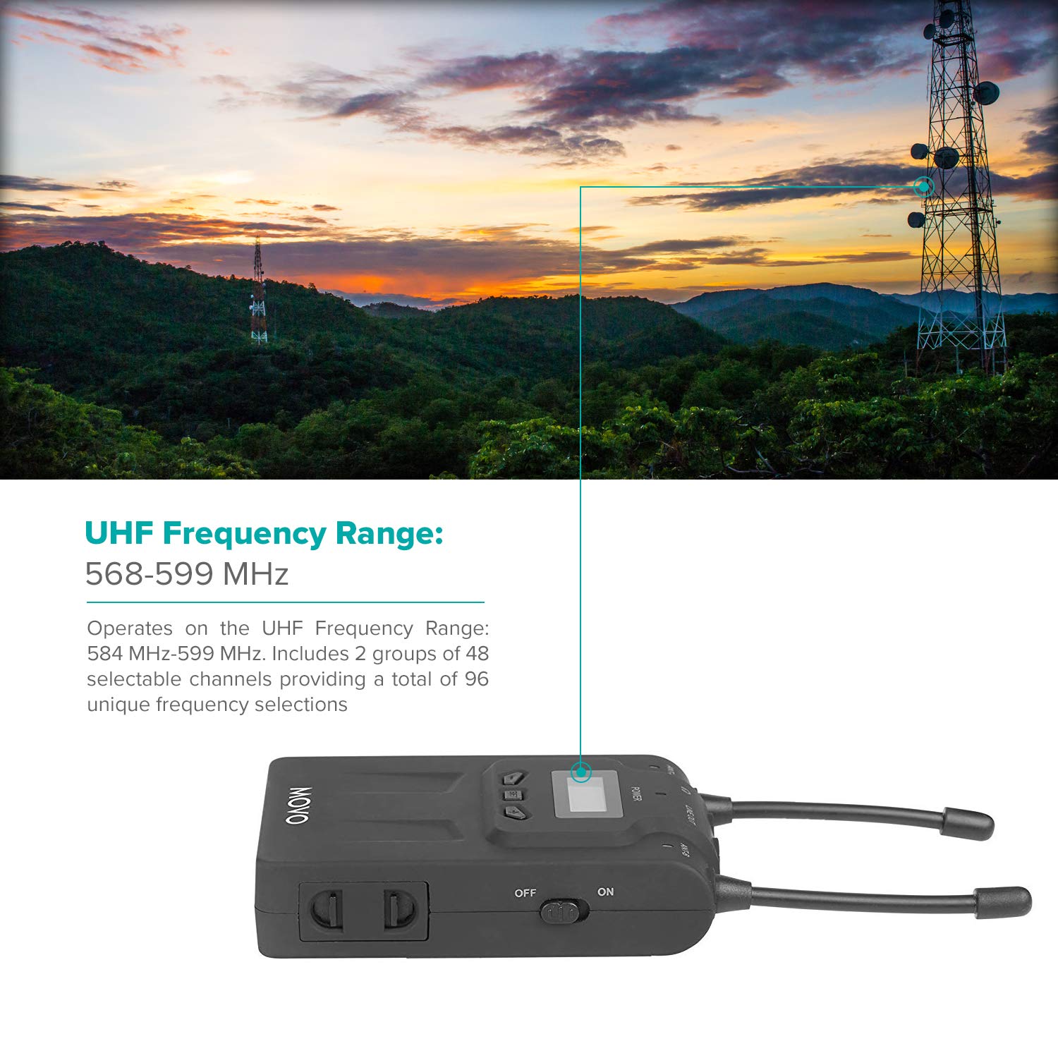 Movo WRX8 48-Channel UHF Wireless Portable Receiver with Camera Mount and XLR / 3.5mm Outputs for the WMIC80 Wireless Microphone System