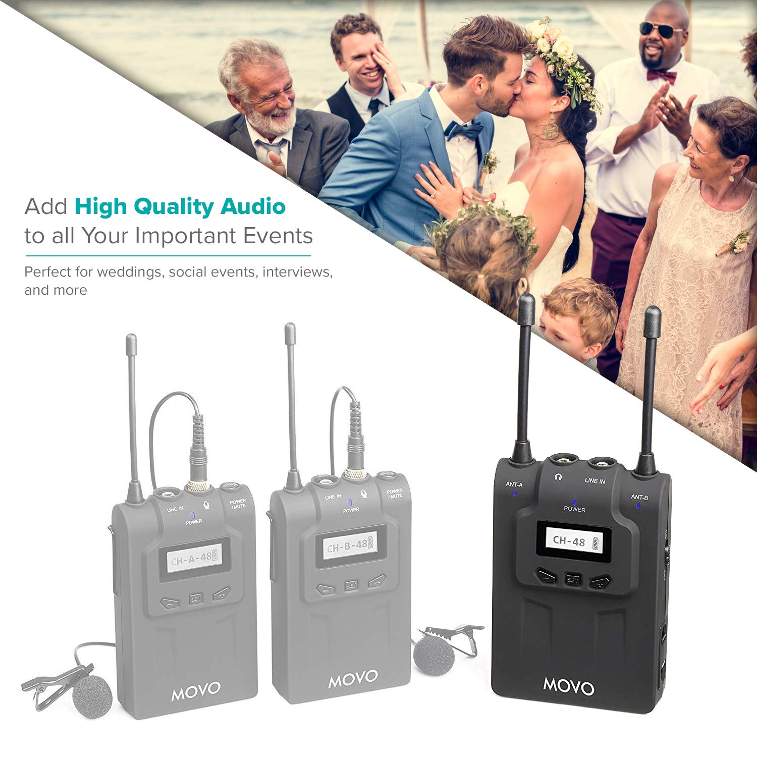 Movo WRX8 48-Channel UHF Wireless Portable Receiver with Camera Mount and XLR / 3.5mm Outputs for the WMIC80 Wireless Microphone System