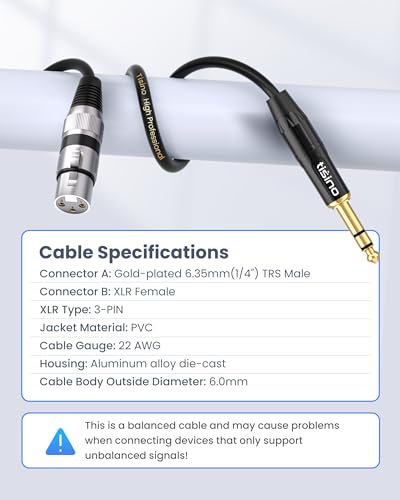 tisino XLR Female to 1/4 Inch (6.35mm) TRS Jack Lead Balanced Signal Interconnect Cable XLR to Quarter inch Patch Cable - 6.6 Feet