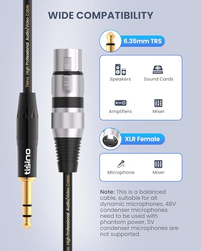 tisino XLR Female to 1/4 Inch (6.35mm) TRS Jack Lead Balanced Signal Interconnect Cable XLR to Quarter inch Patch Cable - 6.6 Feet