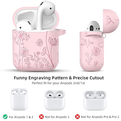 Lerobo Flower Engraved Case for AirPods Case Cover, Stylish Soft Silicone Protector with Keychain, Compatible with Apple AirPods 1st/2nd Generation Charging Case, Front LED Visible, Pink