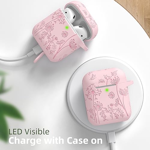 Lerobo Flower Engraved Case for AirPods Case Cover, Stylish Soft Silicone Protector with Keychain, Compatible with Apple AirPods 1st/2nd Generation Charging Case, Front LED Visible, Pink