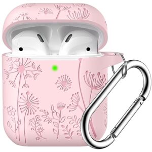 lerobo flower engraved case for airpods case cover, stylish soft silicone protector with keychain, compatible with apple airpods 1st/2nd generation charging case, front led visible, pink