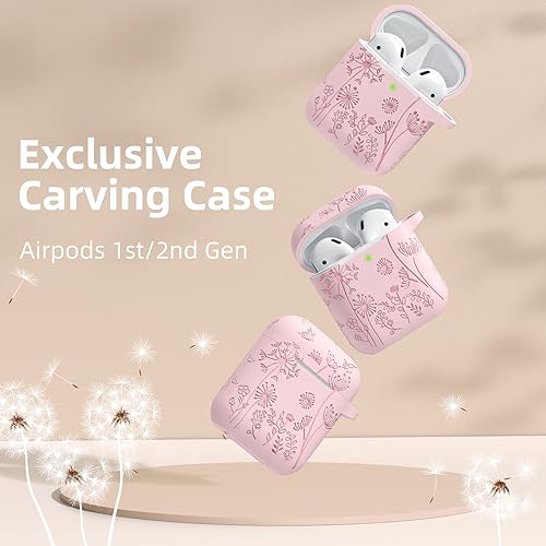 Lerobo Flower Engraved Case for AirPods Case Cover, Stylish Soft Silicone Protector with Keychain, Compatible with Apple AirPods 1st/2nd Generation Charging Case, Front LED Visible, Pink