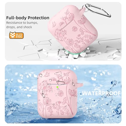 Lerobo Flower Engraved Case for AirPods Case Cover, Stylish Soft Silicone Protector with Keychain, Compatible with Apple AirPods 1st/2nd Generation Charging Case, Front LED Visible, Pink