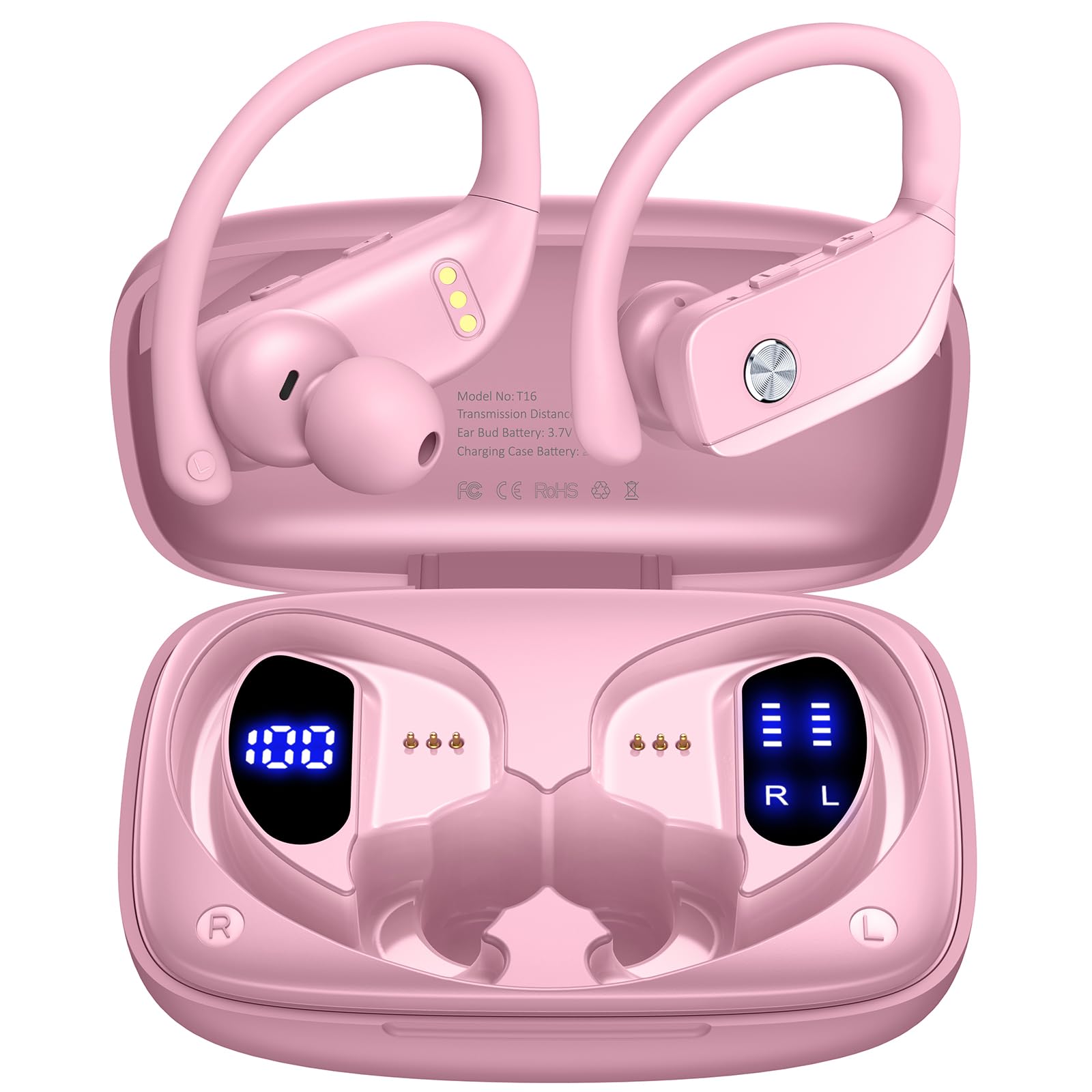 bmanl Wireless Earbuds Bluetooth Headphones 48hrs Play Back Sport Earphones with LED Display Over-Ear Buds with Earhooks Built-in Mic Headset for Workout Pink