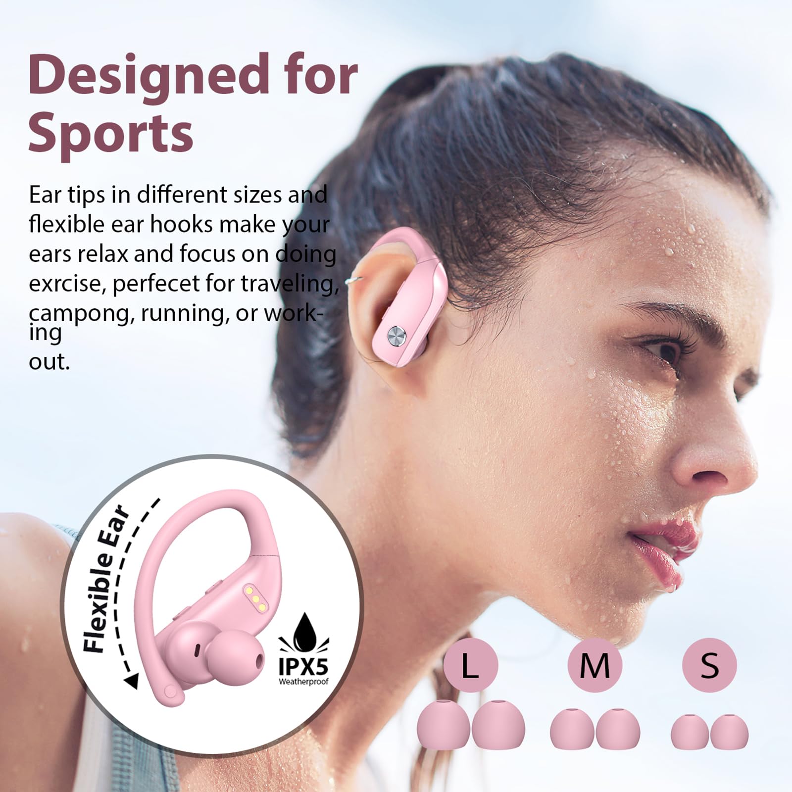 bmanl Wireless Earbuds Bluetooth Headphones 48hrs Play Back Sport Earphones with LED Display Over-Ear Buds with Earhooks Built-in Mic Headset for Workout Pink