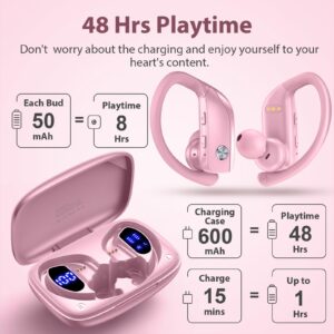 bmanl Wireless Earbuds Bluetooth Headphones 48hrs Play Back Sport Earphones with LED Display Over-Ear Buds with Earhooks Built-in Mic Headset for Workout Pink