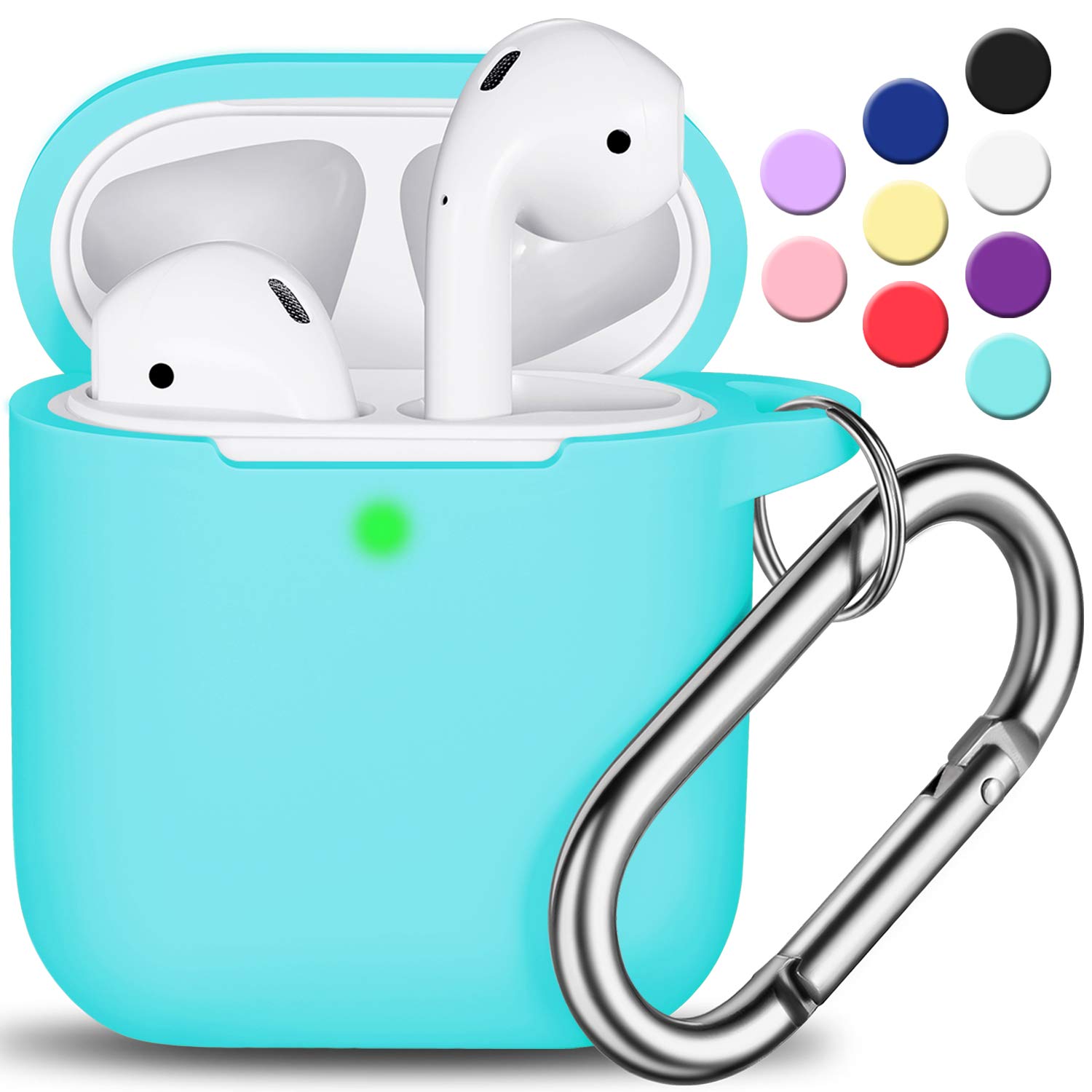 R-fun AirPods Case Cover, Soft Silicone Protective Cover with Keychain for Women Men Compatible with Apple AirPods 2nd 1st Generation Charging Case, Front LED Visible-Mint Green