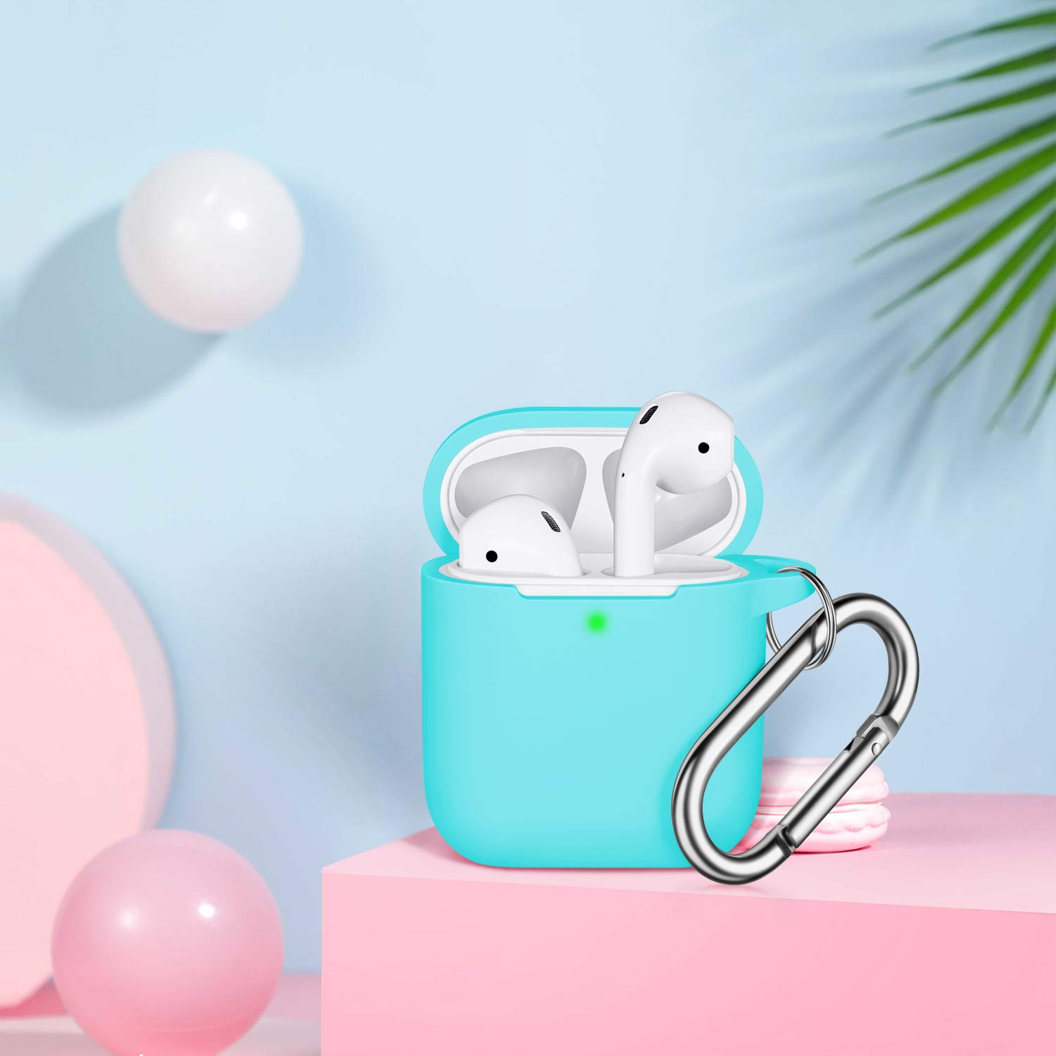 R-fun AirPods Case Cover, Soft Silicone Protective Cover with Keychain for Women Men Compatible with Apple AirPods 2nd 1st Generation Charging Case, Front LED Visible-Mint Green