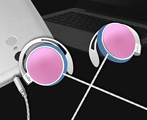 C-YOUNG Clip On Earphones，Over Ear Running Stereophone Headphones for Workout Exercise Gym Compatible for iPhone, Android Mobile Phone, with Microphone and Call Controller Stereo Earphones (Pink)