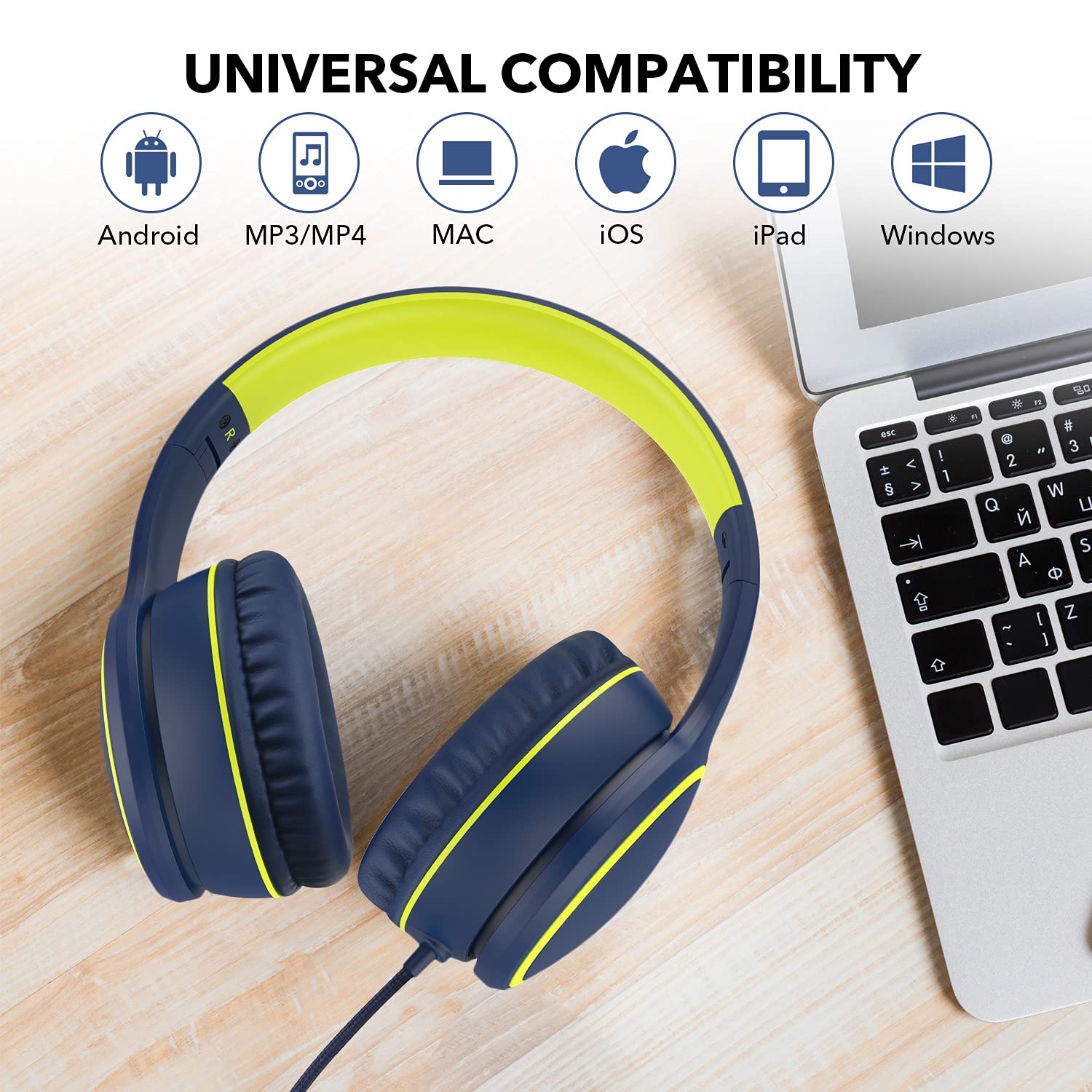 RORSOU R10 On-Ear Headphones with Microphone, Lightweight Folding Stereo Bass Headphones with 1.5M No-Tangle Cord, Portable Wired Headphones for Smartphone Tablet Computer MP3 / 4 (Blue)