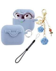 secure lock case for airpods 3 case with cute flowers keychain lanyard,silicone protective case cover for airpods 3rd generation case women girls for apple ipod 3rd charging case 2021 (blue)