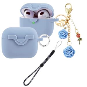 Secure Lock Case for Airpods 3 Case with Cute Flowers Keychain Lanyard,Silicone Protective Case Cover for Airpods 3rd Generation Case Women Girls for Apple iPod 3rd Charging Case 2021 (Blue)