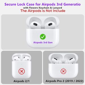 Secure Lock Case for Airpods 3 Case with Cute Flowers Keychain Lanyard,Silicone Protective Case Cover for Airpods 3rd Generation Case Women Girls for Apple iPod 3rd Charging Case 2021 (Blue)