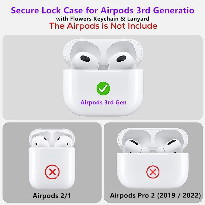 Secure Lock Case for Airpods 3 Case with Cute Flowers Keychain Lanyard,Silicone Protective Case Cover for Airpods 3rd Generation Case Women Girls for Apple iPod 3rd Charging Case 2021 (Blue)