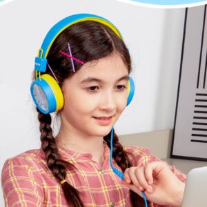 New bee Kids Headphones for School with Microphone KH20 HD Stereo Safe Volume Limited 85dB/94dB Foldable Lightweight On-Ear Headphone for PC/Mac/Android/Kindle/Tablet/Pad(Blue)