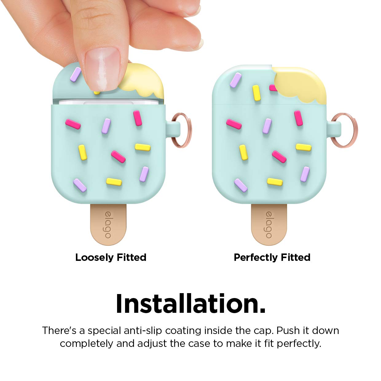 elago Ice Cream AirPods Case with Keychain Designed for Apple AirPods 1 & 2, Shockproof Protective Skin, Cute Accessories for Girls, Kids, Boys [US Patent Registered] (Mint)