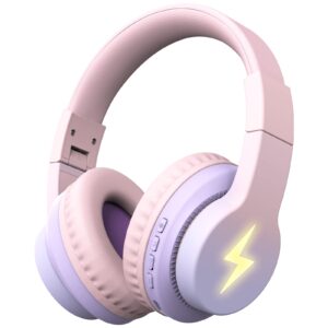 kids bluetooth headphones, colorful wireless over ear headset with led lights, built-in mic, 45h playtime, 85db/94db volume limited headphones for boys girls ipad tablet school airplane pink purple