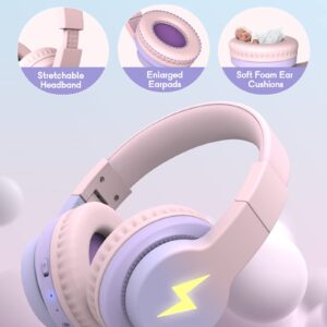 Kids Bluetooth Headphones, Colorful Wireless Over Ear Headset with LED Lights, Built-in Mic, 45H Playtime, 85dB/94dB Volume Limited Headphones for Boys Girls iPad Tablet School Airplane Pink Purple