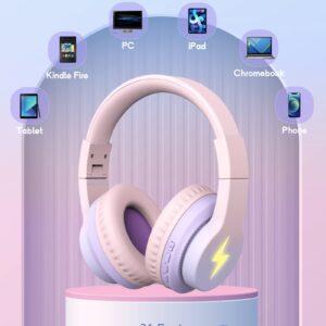 Kids Bluetooth Headphones, Colorful Wireless Over Ear Headset with LED Lights, Built-in Mic, 45H Playtime, 85dB/94dB Volume Limited Headphones for Boys Girls iPad Tablet School Airplane Pink Purple