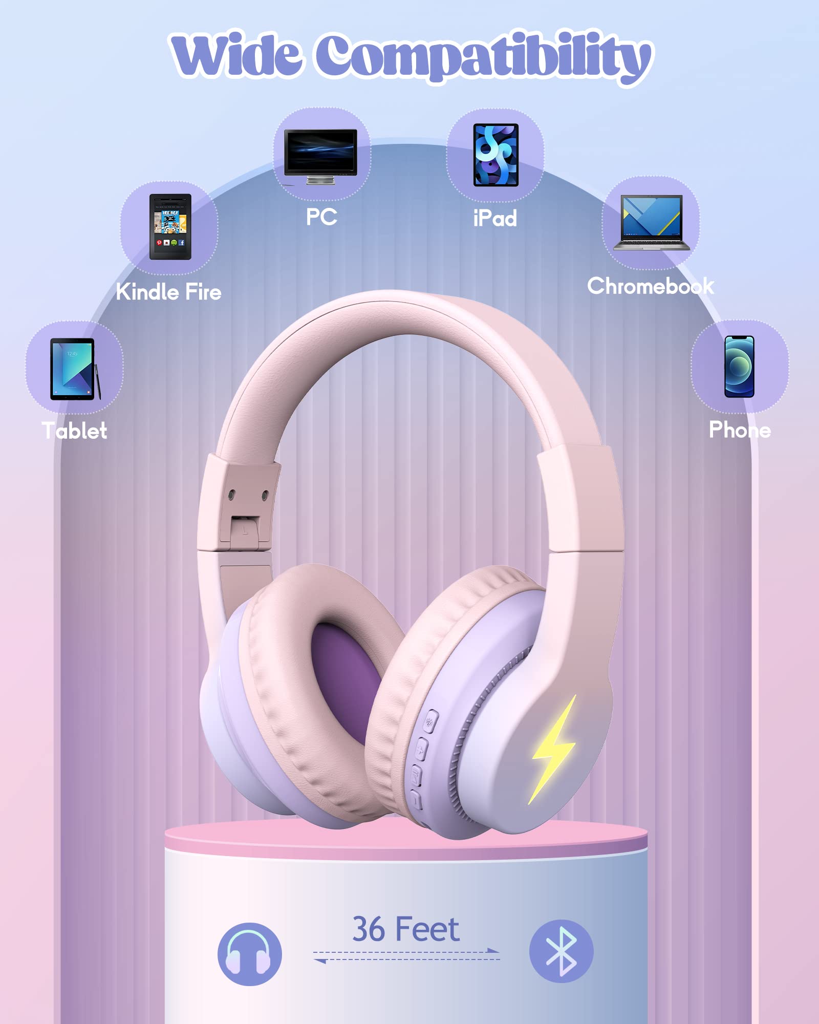 Kids Bluetooth Headphones, Colorful Wireless Over Ear Headset with LED Lights, Built-in Mic, 45H Playtime, 85dB/94dB Volume Limited Headphones for Boys Girls iPad Tablet School Airplane Pink Purple