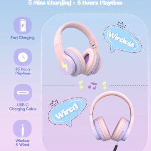 Kids Bluetooth Headphones, Colorful Wireless Over Ear Headset with LED Lights, Built-in Mic, 45H Playtime, 85dB/94dB Volume Limited Headphones for Boys Girls iPad Tablet School Airplane Pink Purple