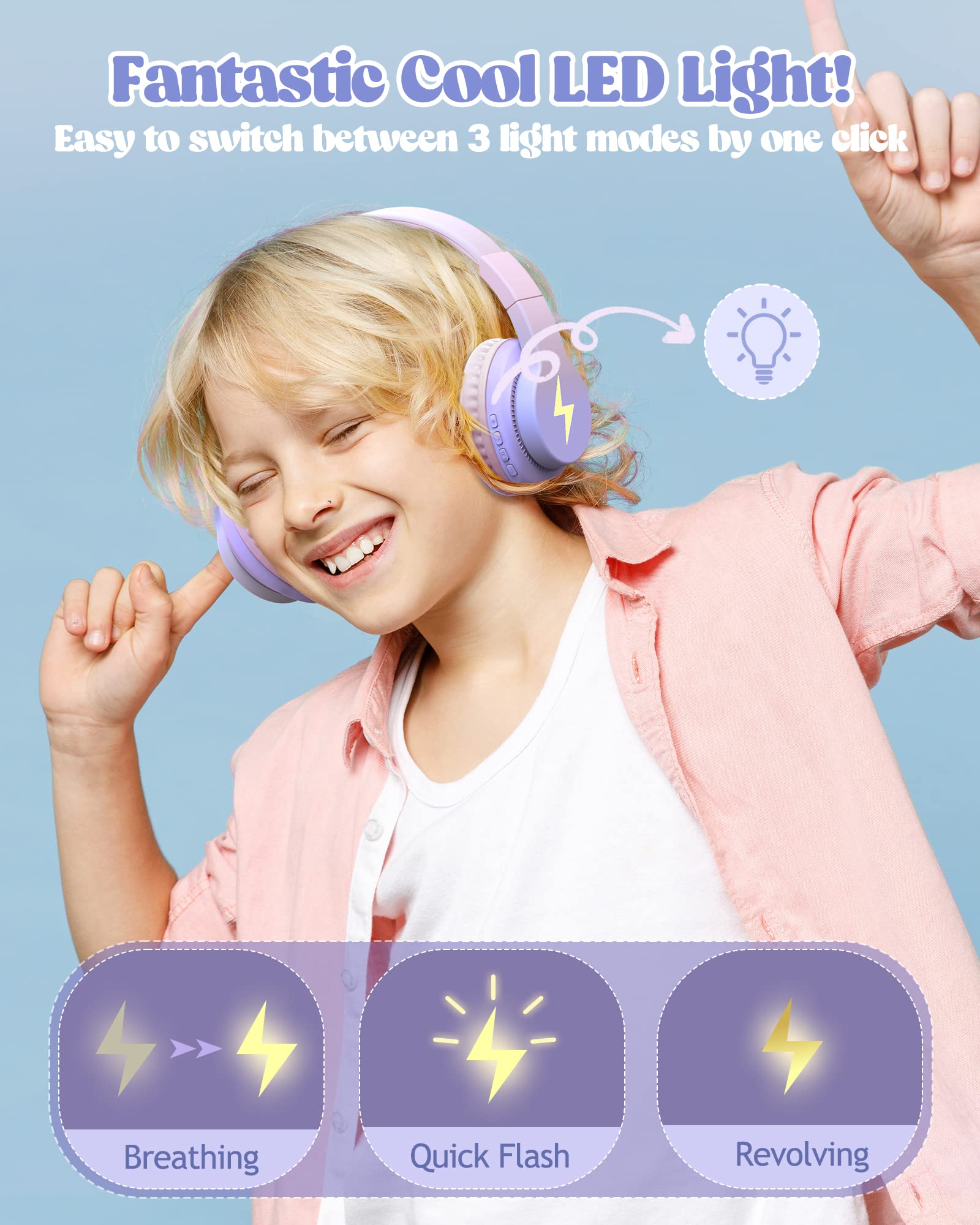 Kids Bluetooth Headphones, Colorful Wireless Over Ear Headset with LED ...