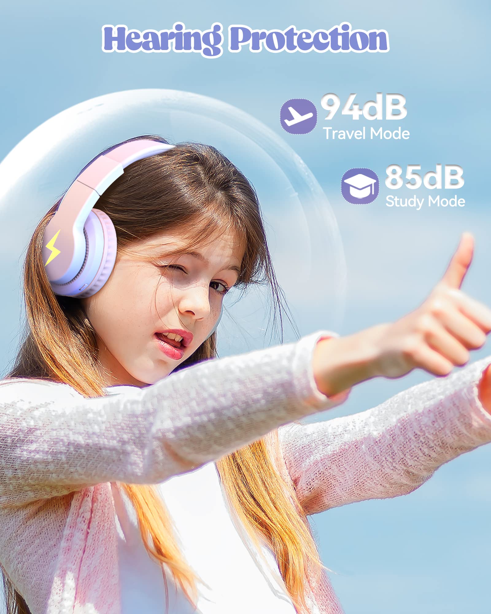 Kids Bluetooth Headphones, Colorful Wireless Over Ear Headset with LED Lights, Built-in Mic, 45H Playtime, 85dB/94dB Volume Limited Headphones for Boys Girls iPad Tablet School Airplane Pink Purple