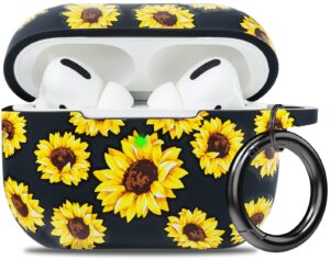 flower airpods pro 2 case soft silicone 2022 - yomplow case cover flexible skin for apple airpod pro 2nd charging case floral print cute women girls protective skin with keychain - black/sunflower