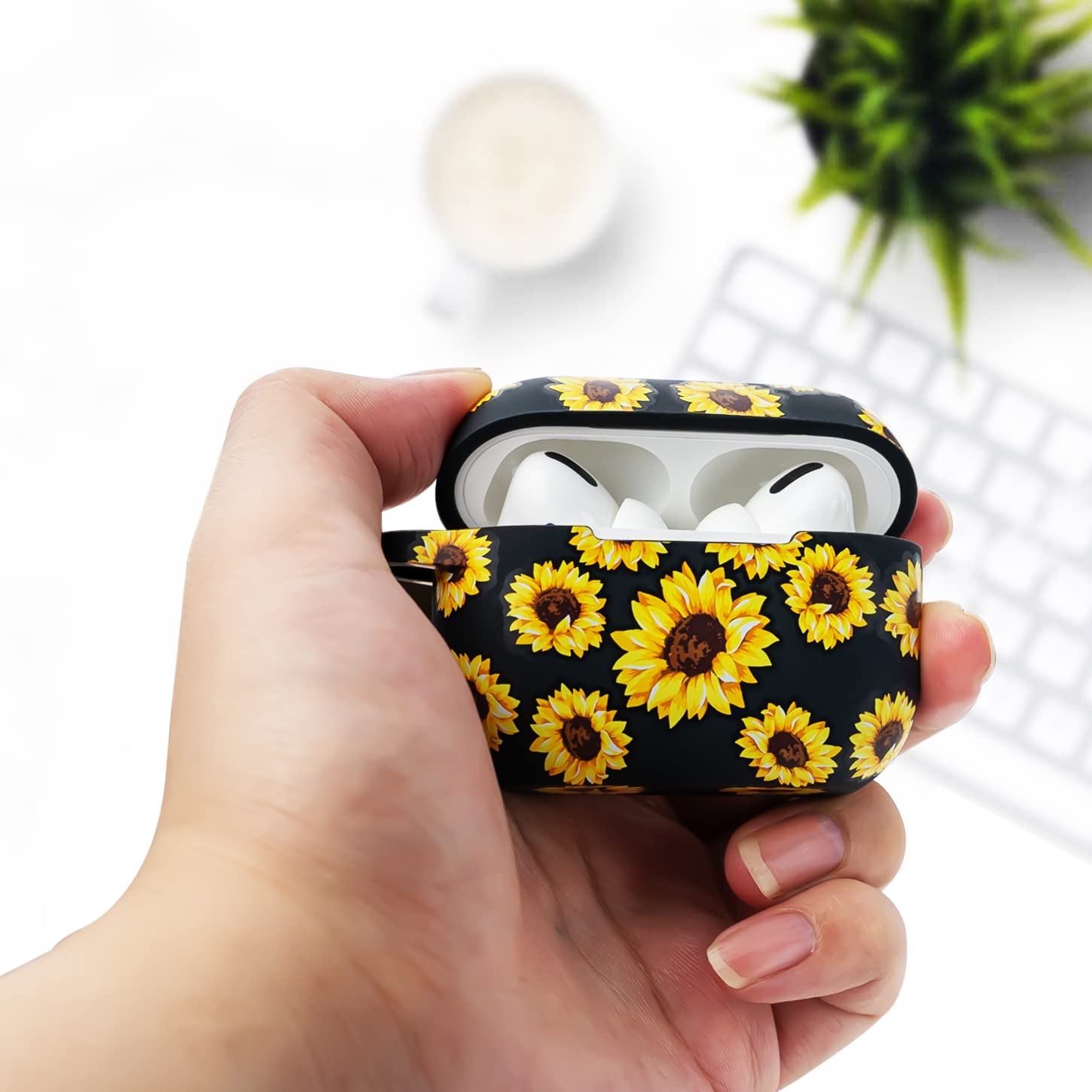 Flower Airpods Pro 2 Case Soft Silicone 2022 - YOMPLOW Case Cover Flexible Skin for Apple AirPod Pro 2nd Charging Case Floral Print Cute Women Girls Protective Skin with Keychain - Black/Sunflower