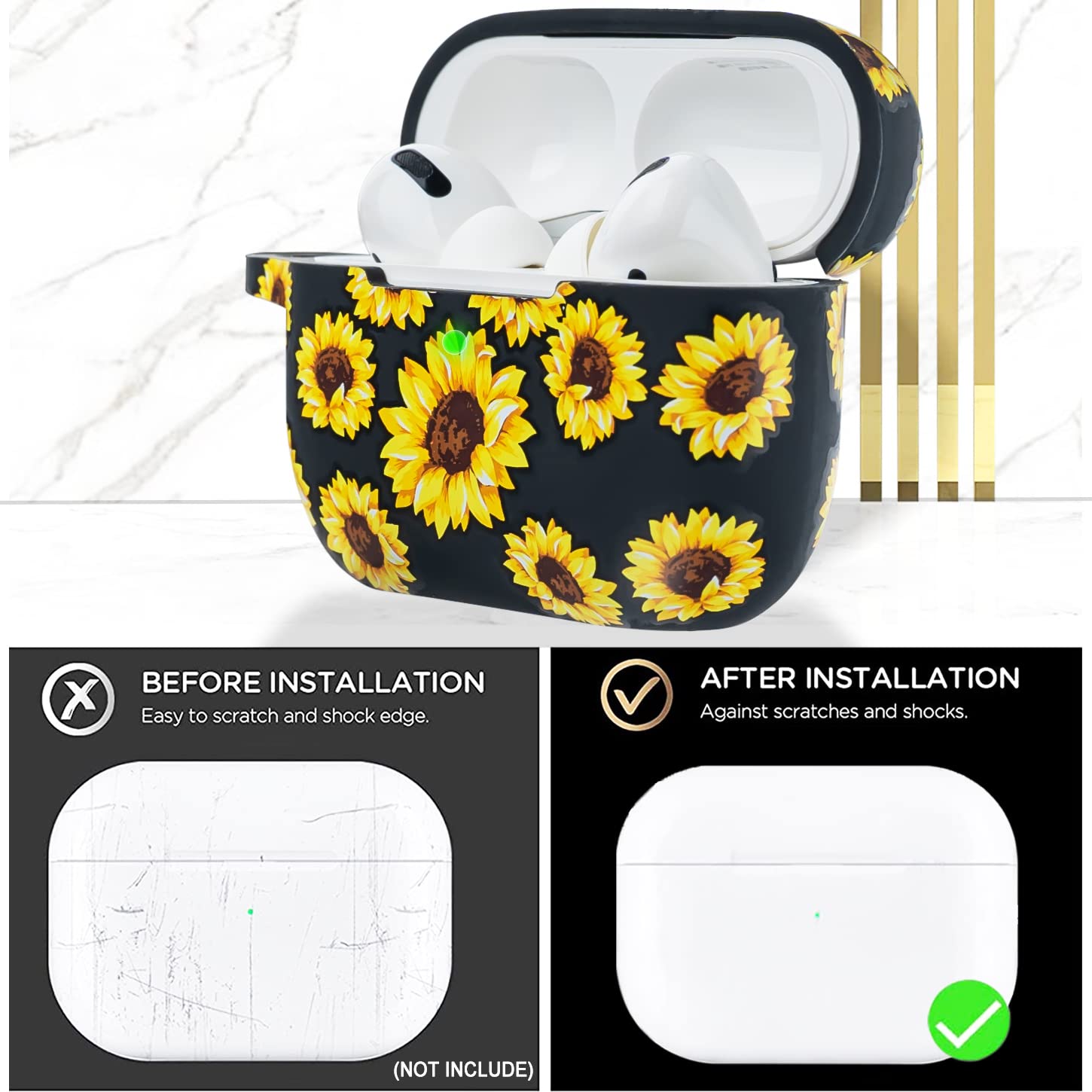 Flower Airpods Pro 2 Case Soft Silicone 2022 - YOMPLOW Case Cover Flexible Skin for Apple AirPod Pro 2nd Charging Case Floral Print Cute Women Girls Protective Skin with Keychain - Black/Sunflower