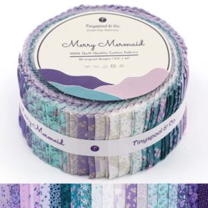 tinyspool & co. jelly roll fabric strips for quilting, crafting, and sewing, 40 strip assorted bundle, soft cotton for blanket, rug, upholstery, home decor, and purse making, merry mermaid