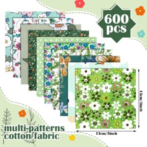 Kinlop 600 Pcs 5" x 5" Floral Cotton Fabric Patchwork Fat Quarters Bundles Precut Fabric Square Printed Cotton Fabric Quilting for Spring Holiday DIY Craft Sewing(Green)