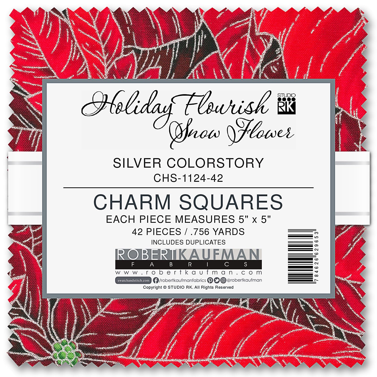 Holiday Flourish Snow Flower Silver 42 5-inch Squares Charm Pack Robert Kaufman CHS-1124-42