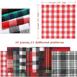 Whaline 30Pcs Christmas Plaid Fabric Squares Buffalo Check Cotton Fabric Squares Red Green Black White Quilting Fabric Patchwork 15 Design Precut Quilt Charm Squares for DIY Art Craft Sewing, 5 x 5"