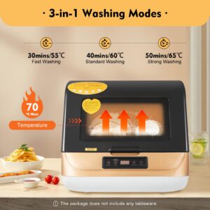 Portable Countertop Dishwasher, 4 Washing Programs, Air-dry Function, Automatic Dishwasher Deep Heating Cleaning Machine for Small Apartments, Dorms and RVs(Gold)